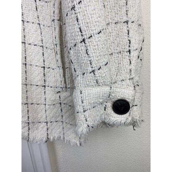 Zara Women's S Cream Black Woven Raw Hem Button Up Shacket - Picture 2 of 6